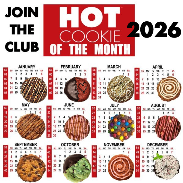 Hot Cookie 2026 monthly calendar featuring twelve different cookie flavors.
